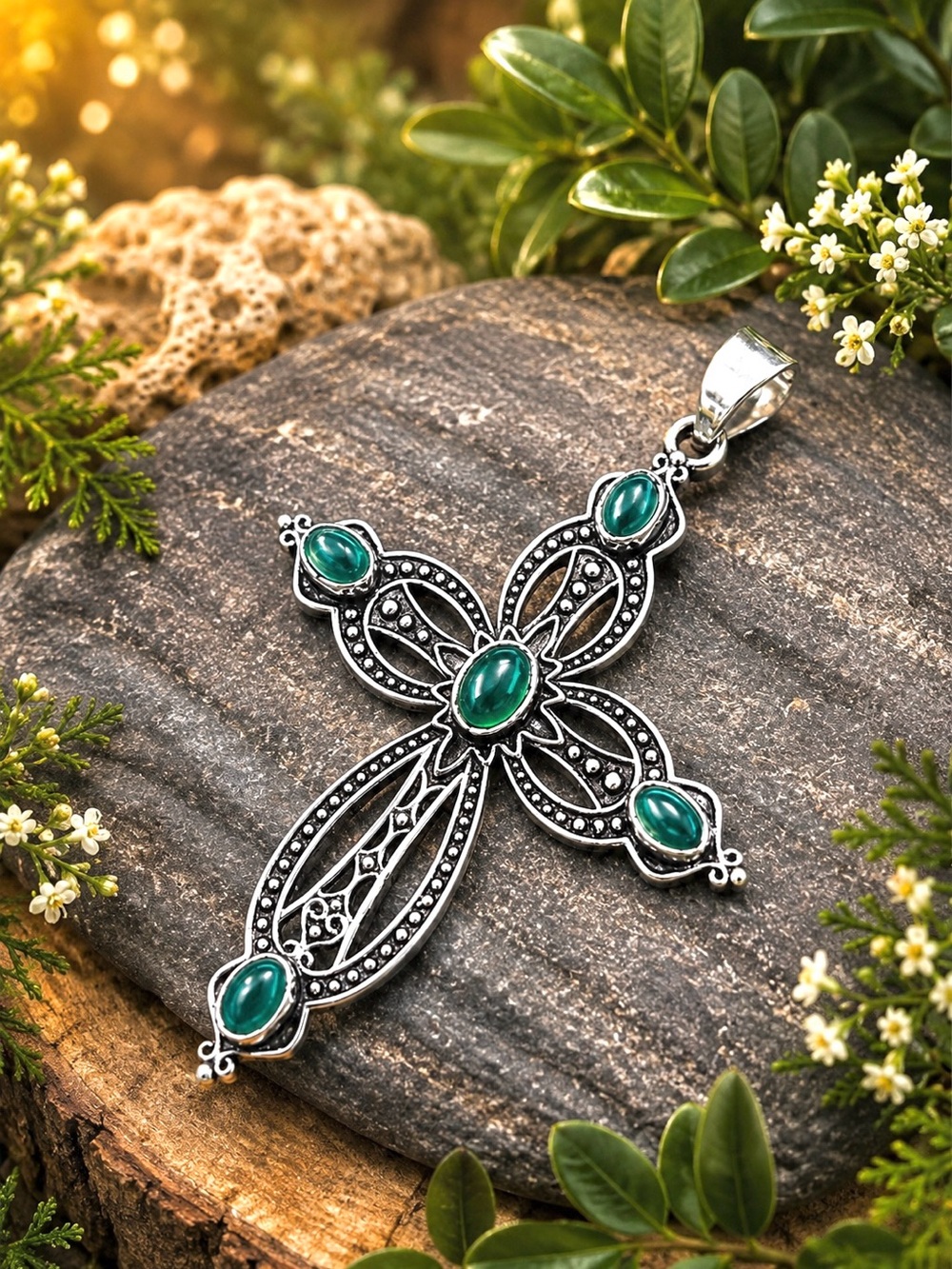 Green Onyx Sterling Silver 2.5” Cross Pendant - Picture 2 of 5